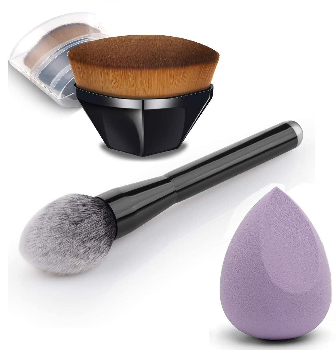 Jibaro Large Foundation Brush Powder Mineral Brush and Flat Top High-Density Magic Hexagon Face Kabuki Brush with Makeup Beauty Blender for Flawless Powder, Blending Liquid or Cream Cosmetics