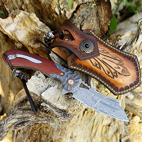 Minowe Men's Pocket Knife Damascus Steel Handmade Folding Knife，3.5 In Blade Rosewood Handle，With Leather Case ，Liner Lock Steel Ball Bearings，Pocket Clip ，Edc Camping Outdoor Survival Knife #TOP6