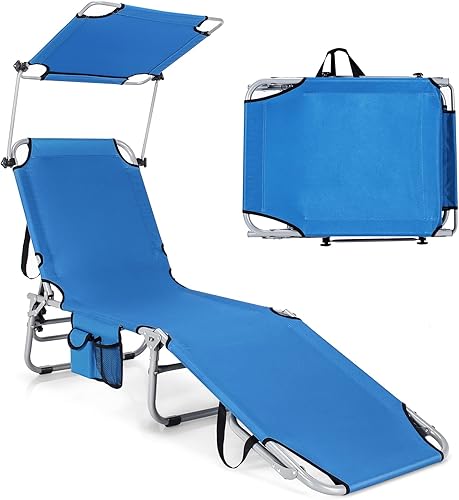 Miniatura 10 de GYMAX Silla plegable de playa tumbona con asa de transporte y bolsillo cuna ajustable de 5 niveles con sombra giratoria plegable portátil para patio