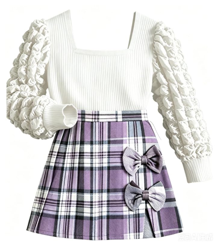 Image of Toddler Girl Clothes Girls Outfits Flare-lace Sleeve Top and Plaid Skirt Dress Fall Winter 2Pcs Girls Clothes 5-12T