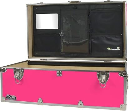 C&N Footlockers - Full-Size Happy Camper Trunk w/Lidmate Organizer - #1 Summer Camp Trunk - Made in the USA - Steel Footlocker with Lid Stay - 32 x 18 x 13.5 Inches Hot Pink