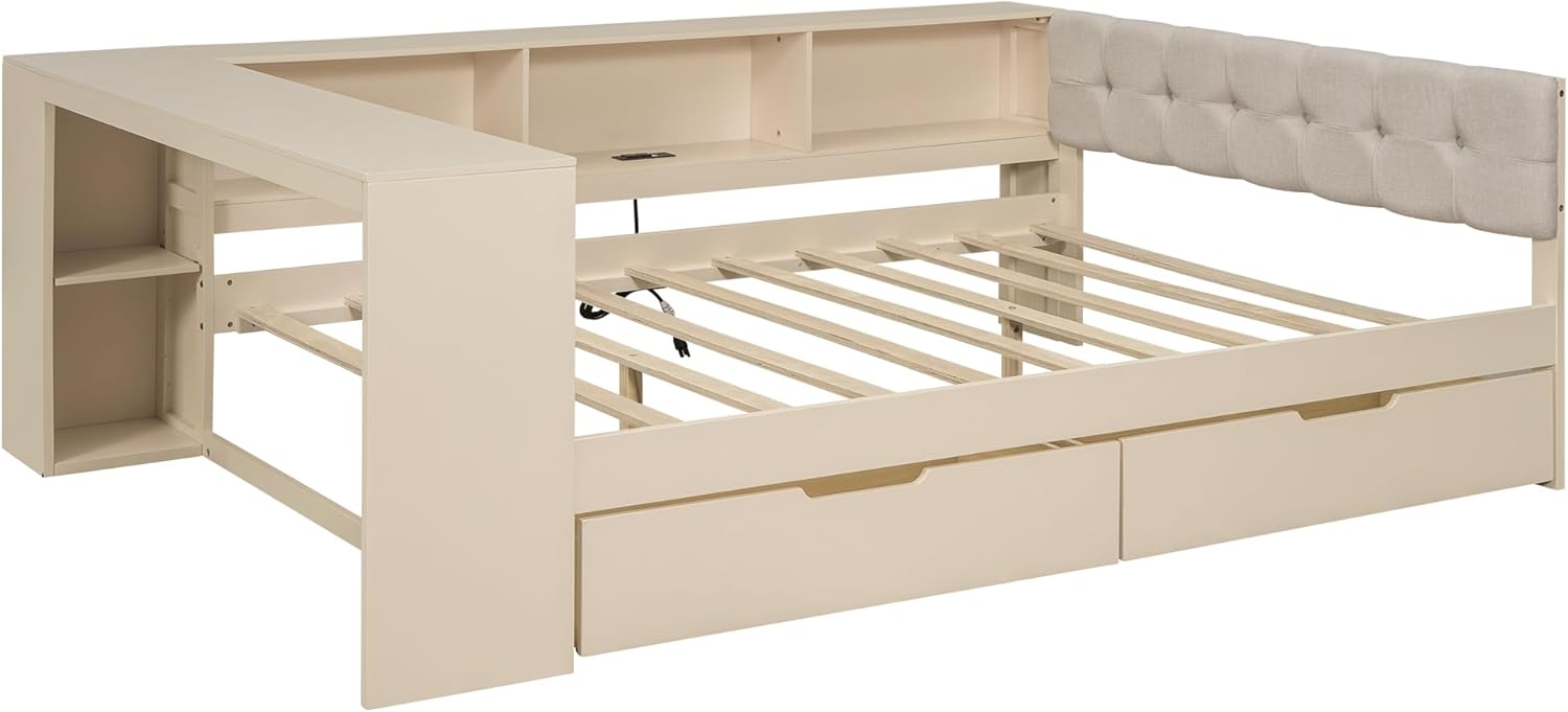 Polibi Full Size Wood Daybed frame without mattress, showing slats, desk, shelves, and drawers