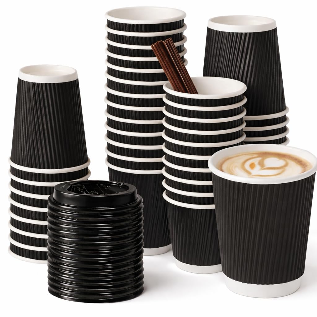 Elite® 8oz Black Ripple Wall Coffee Cups with Lids (Black or White) – Insulated Kraft Disposable Hot Drink Cups – 50, 100, 150, 200, 500 & 1000 Pack (Black Lids, 200)