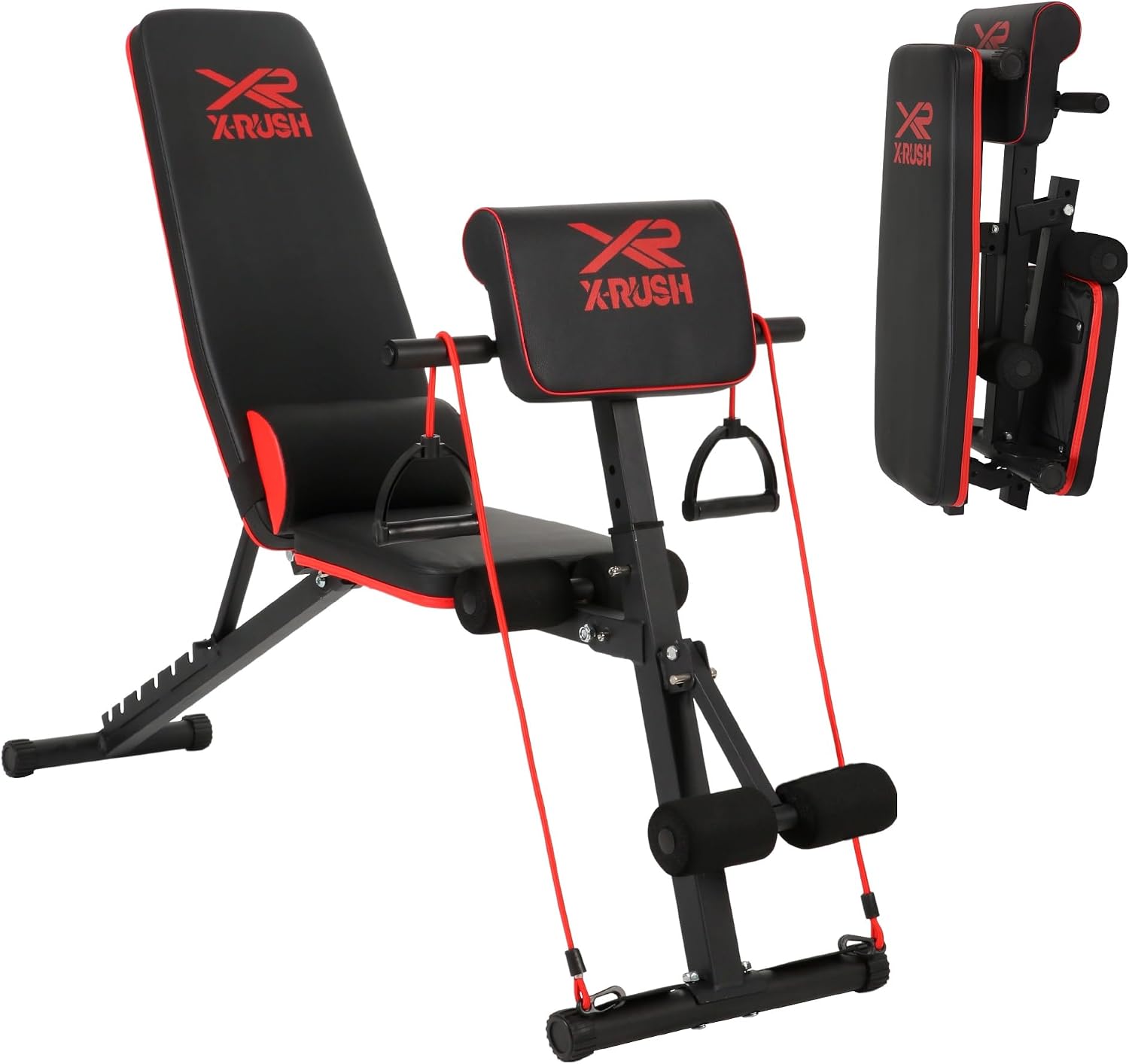 Multi-functional folding weight bench, adjustable weight bench, with 7 positions backrest adjustment and 2 training straps, 600 lbs capacity, suitable for full body workouts