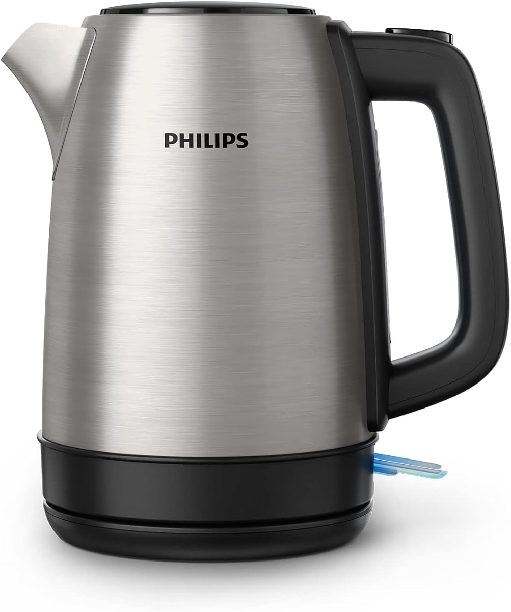 Philips Daily Collection Metall Wasserkocher – 1,7L, Leuchtanzeige, 360°-Basis, Mikro-Sieb-Filter, Flaches Heizelement, Sprungdeckel, Energiesparend, Sicheres Design, Schnelles Aufkochen (HD9350/90)