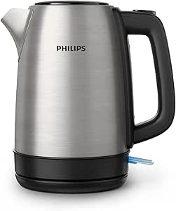 Philips Daily Collection Metall Wasserkocher – 1,7L, Leuchtanzeige, 360°-Basis, Mikro-Sieb-Filter, Flaches Heizelement, Sprungdeckel, Energiesparend, Sicheres Design, Schnelles Aufkochen (HD9350/90)