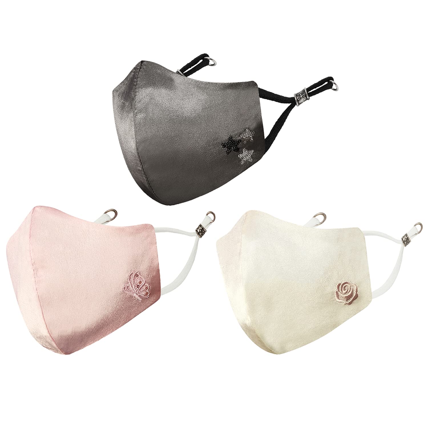 MASQ By Q-One 4 Layer Reusable, Washable with Detachable Chain & Ear Adjusters, Anti-Bacterial (BFE>99%) Embroidered Satin Cloth Face Mask Combo for Women, Girls (Pink-Peach-Grey, Large, Pack of 3)