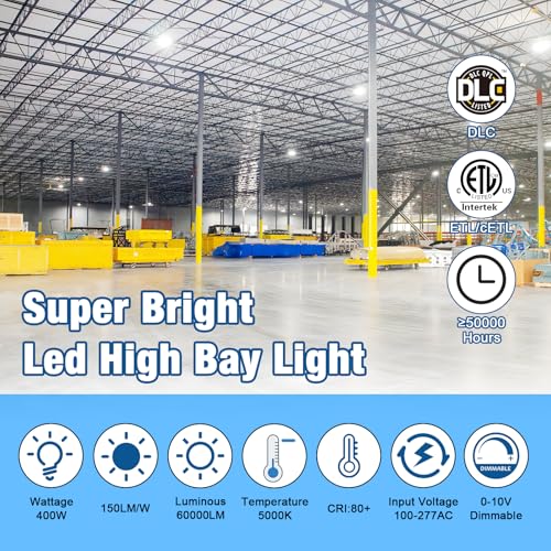 G GJIA 400W Super Bright Led High Bay Lights, 60,000LM 100-277V, 5000K, 0-10V Dimmable UFO High Bay Led Shop Lights, US Plug 6' Cable, High Bay Lights for Shop Barn Warehouse,UL — view 2