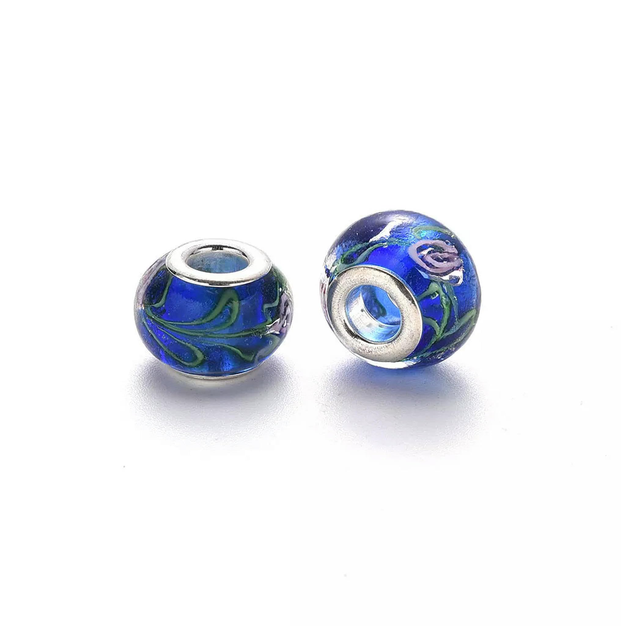 Perles à gros trous, Lot de 100 perles rondes artisanales en verre soufflé européen à gros trous, 14-16 x 9-10 mm