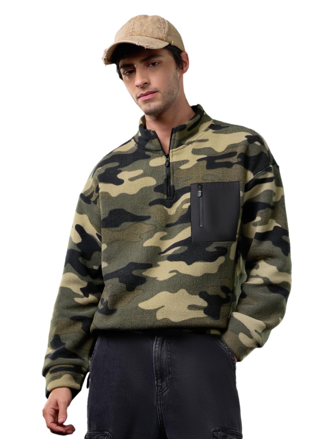 the souled store Camodrift Men and Boys Long Sleeves Mock Neck Olive Green Camouflage Print Polyester Drop Shoulder Streetwear Warm Polar Fleece Oversized Sweatshirt-picture-18