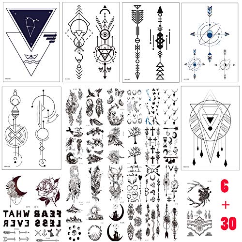 Fake Tattoos 6+30 Sheets Temporary Tattoos Arm Tattoo Mandala Bohemian Tattoo For Women,Men,Kids Temporary Tattoos For Adults Tattoo Paper (6+30 Sheet)