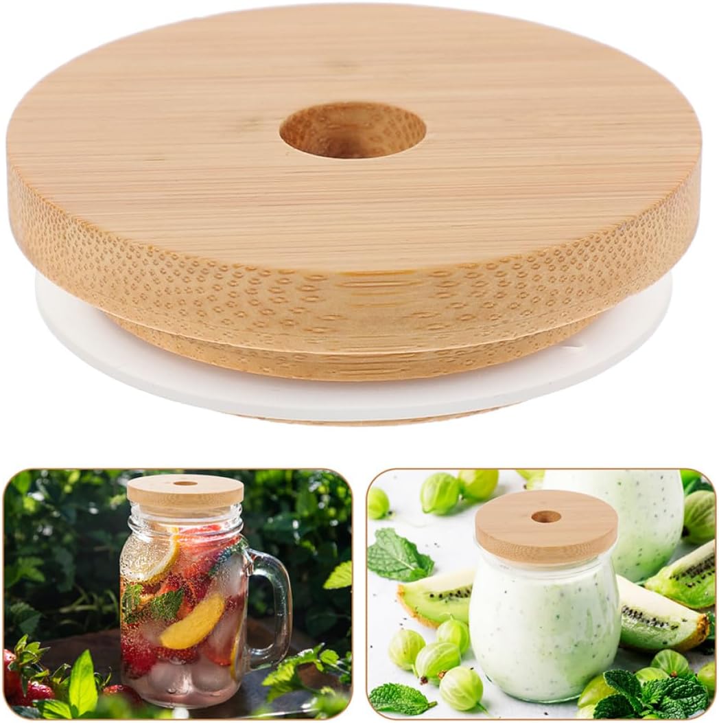 6pcs Wooden Jar Lids with Straw Holes Silicone Seal Rings Multipurpose Mason Jar Covers for Canning and Beverage Storage Compatible