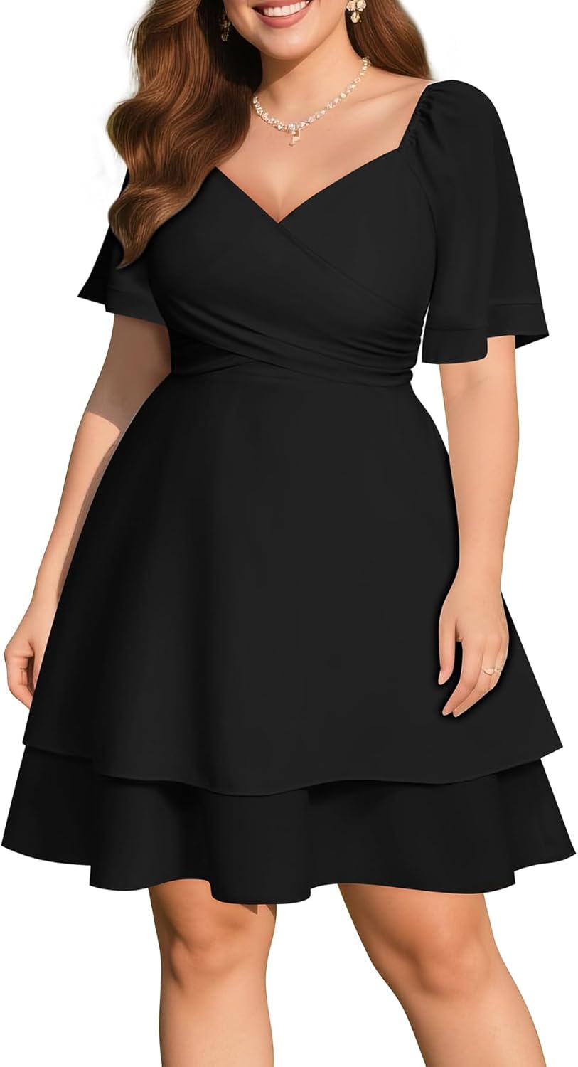 Pinup Fashion Women Graduation Dress Plus Size - Wedding Guest Summer Wrap V Neck Ruffle Knee Length Dresses