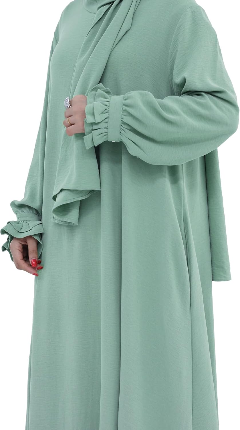 Abaya Muslim Dress Women Prayer Dress Long Sleeve Loose Maxi Modest Islamic Clothes with Hijab Scarf