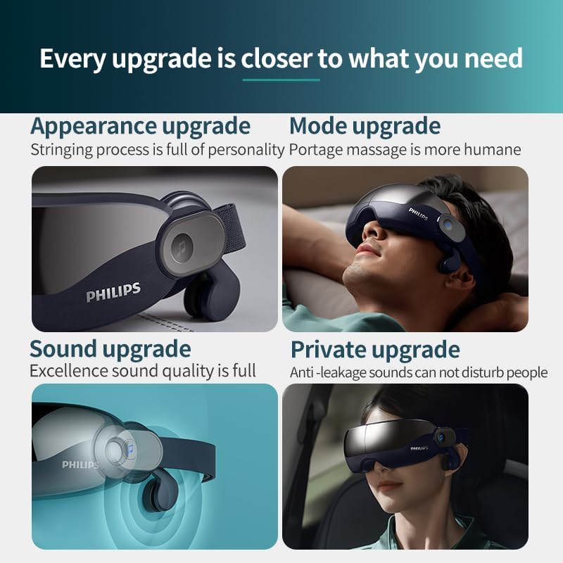 User wearing Philips PPM2702 Eye Mask Massager, highlighting sound and massage features