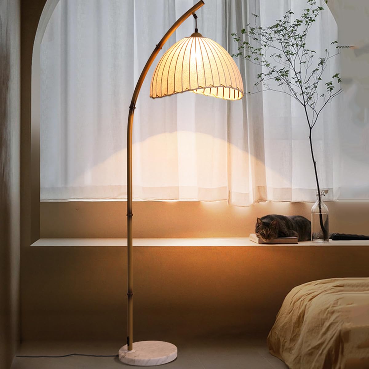 KlkrzJwy 64.2" Arc Floor Lamp Mid Century Modern Fabric Floor Lamp Marble Standing Lamp With E27 3-Color Temperatures Bamboo Shape Tall Light For Living Room Bedroom Study Dining Room(Includes Bulb)