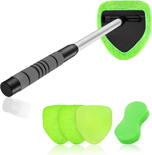 XINDELL Windshield Cleaner Tool – Car Interior Window Cleaning Kit with Extendable Handle & 4 Microfiber Pads, Auto Washing Brush for Car, Trucks, SUVs, RVs & Home Windows