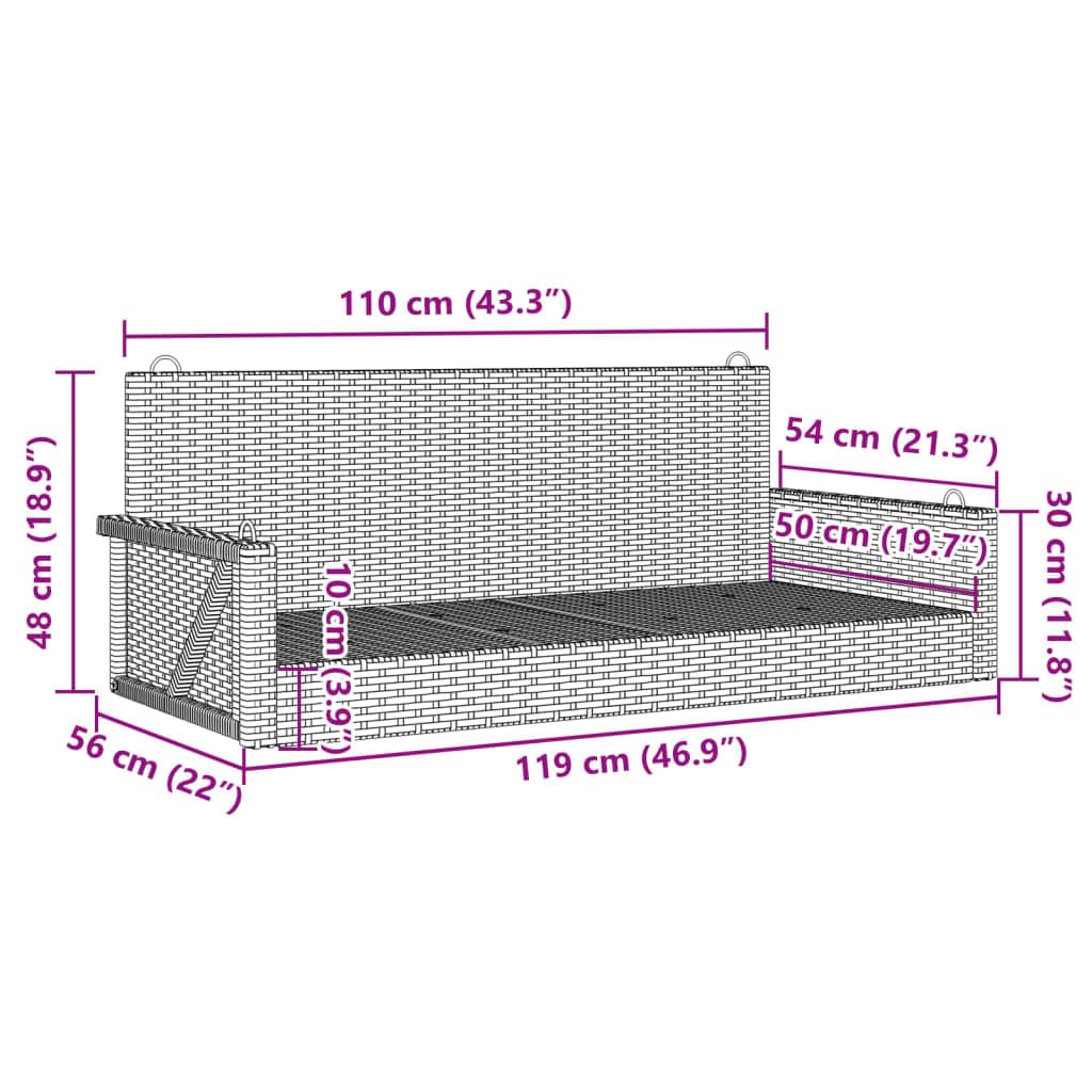 Banco balancín gris de ratán sintético 119 x 56 x 48 cm con función oscilante y anillas de fijación, material resistente a la intemperie y estructura de acero barnizado