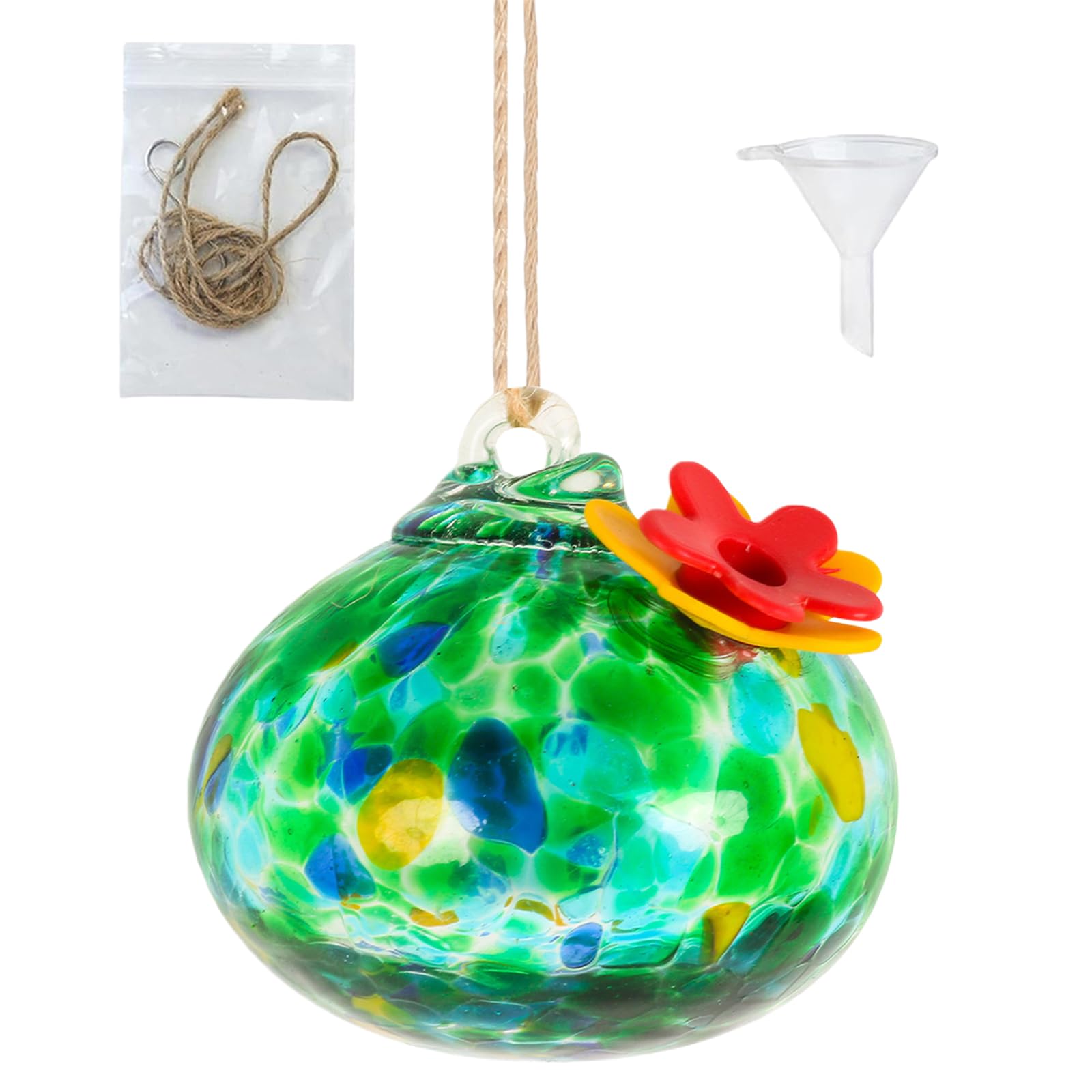 Introti QFkris Blown Glass Hummingbird Feeder with Suction Cups for Window Small Hummingbird Feeder with Flo (E)