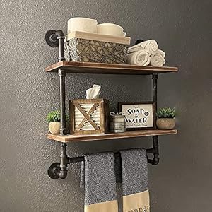 Industrial Pipe Shelving,Iron Pipe Shelves Bathroom Shelves with Towel bar,24in Rustic Metal Pipe Floating Pipe Wall Shelf,2 Tier Industrial Wall Mounted,Retro Brown Industrial Pipe ShelvingIron Pipe Shelves Bathroom Shelves with Towel bar24in Rustic Metal Pipe Floating Pipe Wall Shelf2 Tier Industrial Wall MountedRetro Brown