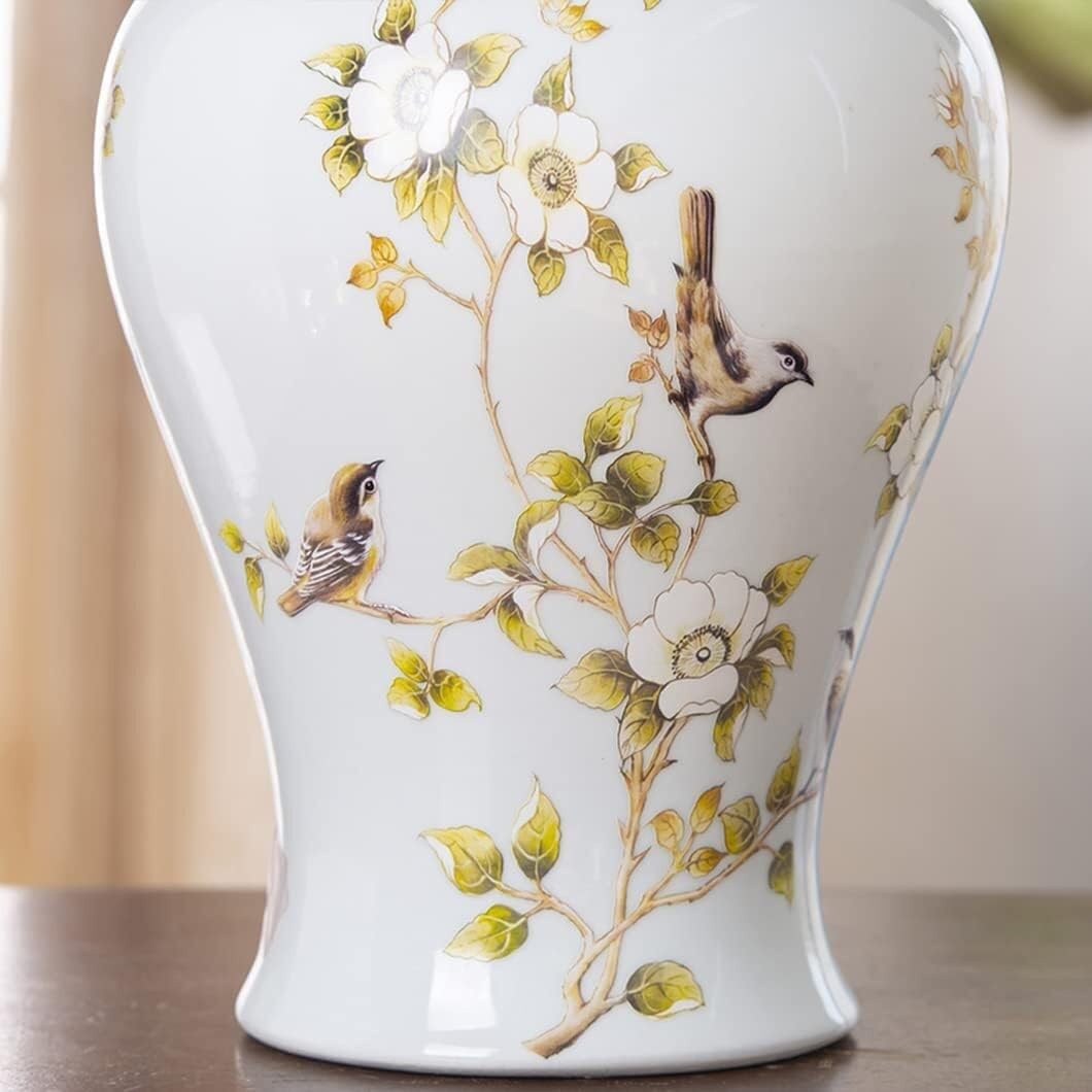 Ceramiczny dekoracyjny słoik z pokrywką, słoik imbirowy do dekoracji wnętrz, wzór białych kwiatów i ptaków, słoik do przechowywania i ekspozycji