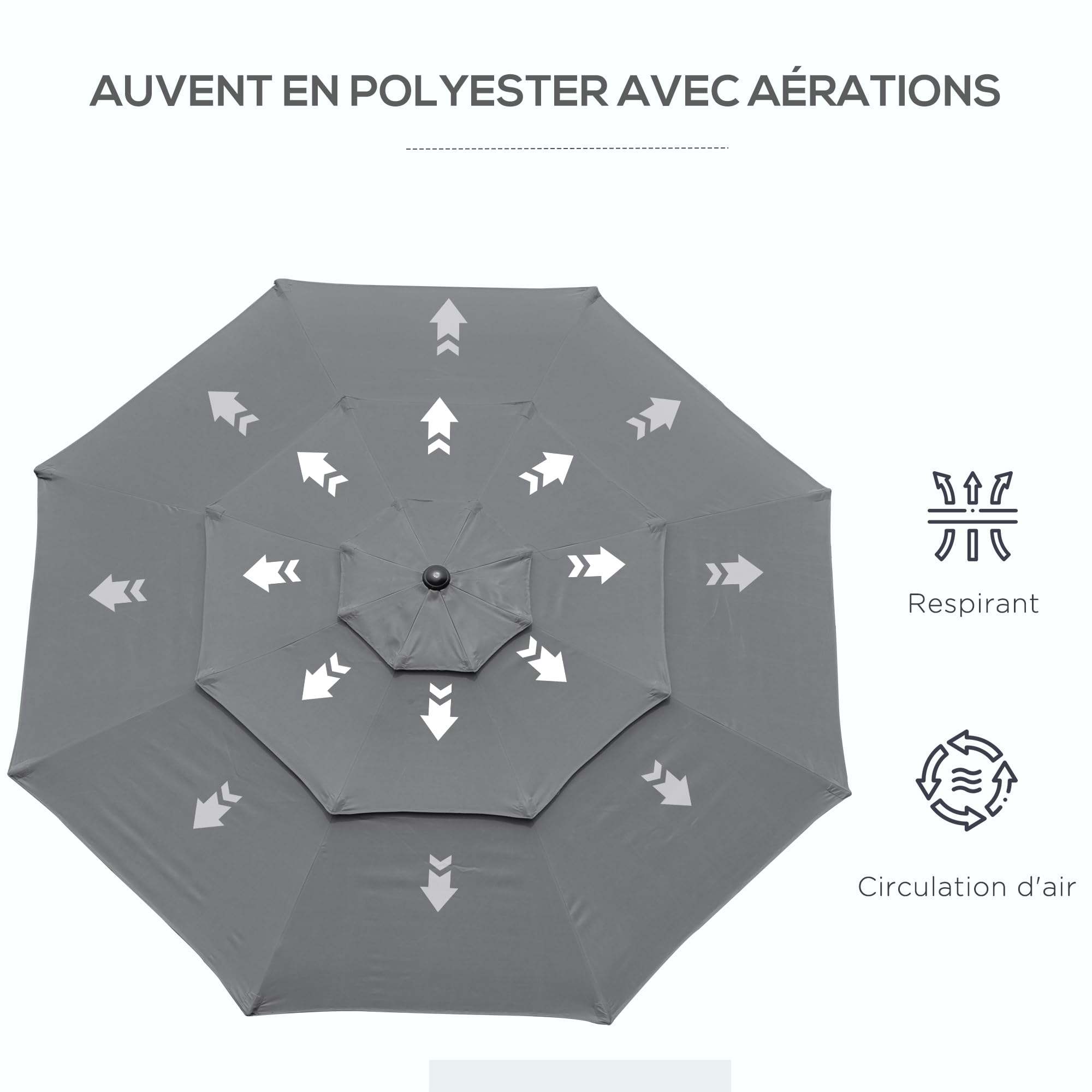 Outsunny Parasol de jardin extérieur parasol inclinable rond Ø 2,85 x 2,5 m avec ouverture fermeture manivelle, 2 évents, toile 180 g/m² protection Anti-UV, parasol pour balcon, terrasse, gris