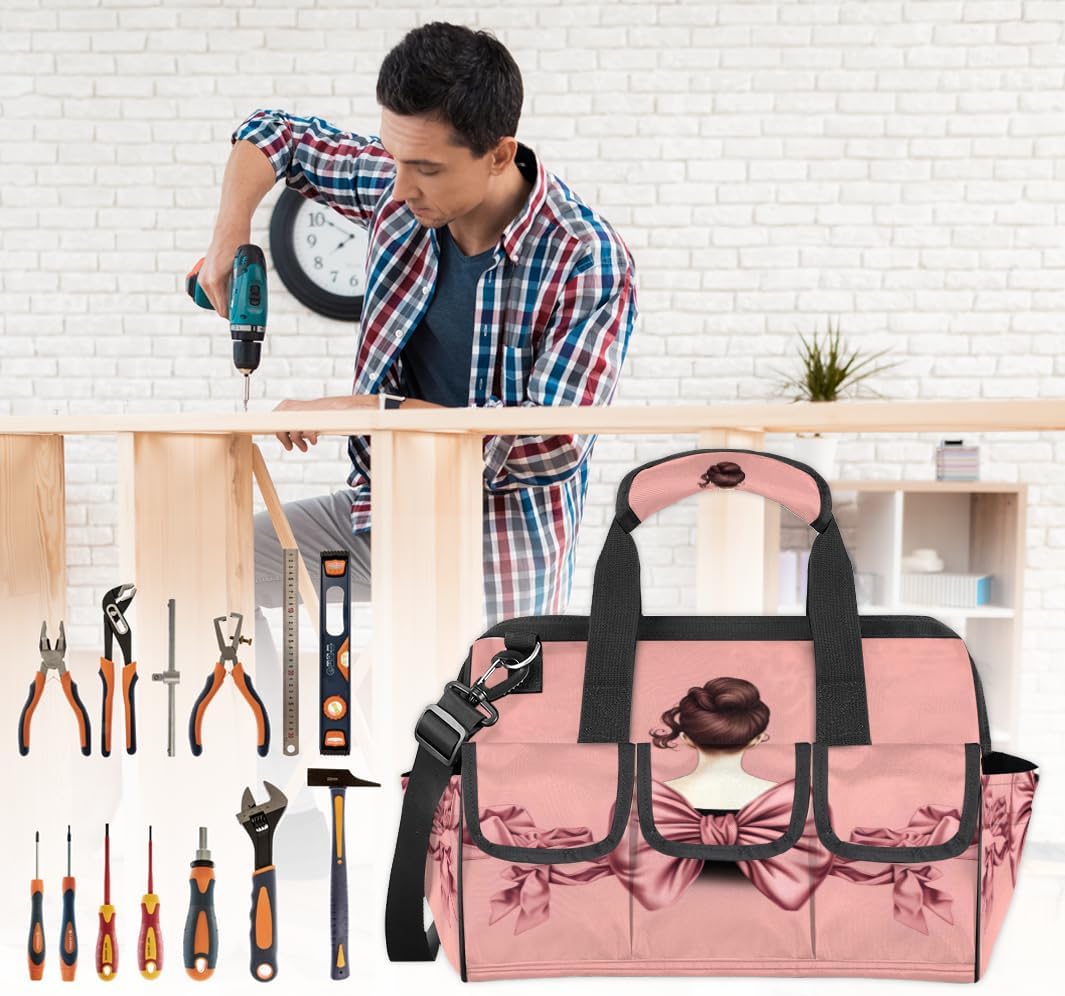 Pink Bow Girls Tool Bags for Men Women Multi-Pockets Wide Mouth Tool Organizer Storage Tote Bag Waterproof Stroage Bags with Adjustabe Shoulder Straper for Car Electrician Garden