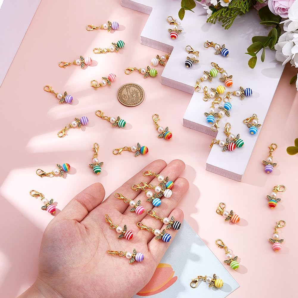 SUPERFINDINGS 84Pcs 14 Colors Angel Charms Clip On Charms Colorful Pearl Bead Guardian Charm Fairy Dangle Pendants Zipper Pulls Charm with Silver/Gold Lobster Clasps for DIY Jewelry Making Favor - Image 3