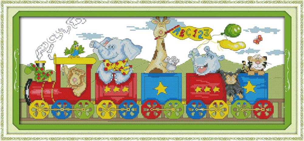 WOWDECOR Cross Stitch Embroidery Starter Kit, Elephant Giraffe Animals Train 11CT Stamped DIY DMC Needlework Easy Beginners