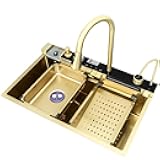 Light Luxury Whale Waterfall Sink Honeycomb Embossed Kitchen Sink Stainless Steel Build with Cup Washer(Size:75 * 46cm), Gold