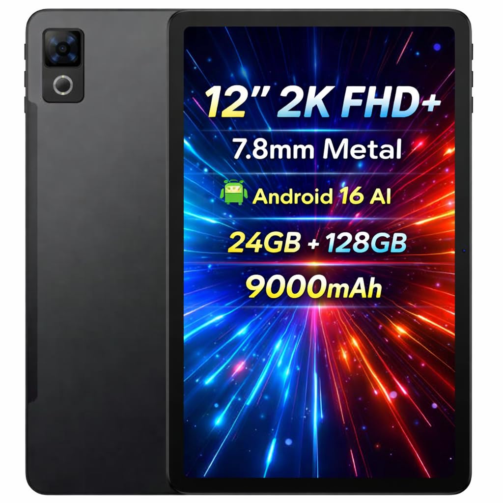 U12 tablet z systemem Android 16 AI, wyświetlacz 12" 2K FHD+ (metalowa obudowa 7,8 mm), 24 GB + 128 GB (2 TB zewnętrzne), akumulator 9000 mAh, tablety z systemem Android 5G WiFi, Gemini AI, kamera AI