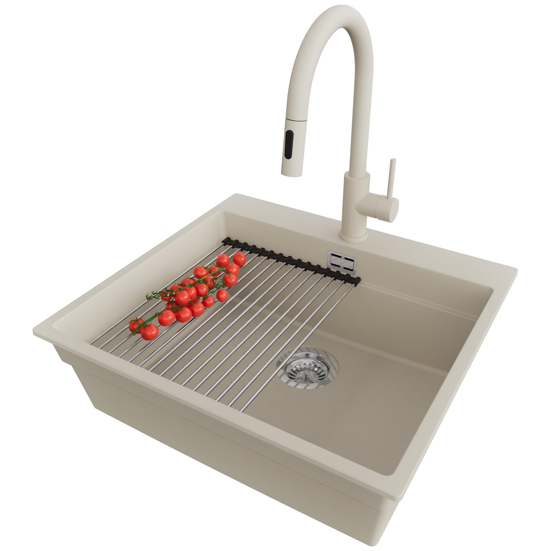 PRIMAGRAN Evier Cuisine en Granit Beige - Oslo, 58x53cm | Lavabo 1 Bac + Robinet 40x20cm + Kit d'accessoires, Évier à Encastrer au Meuble 60cm (S168)