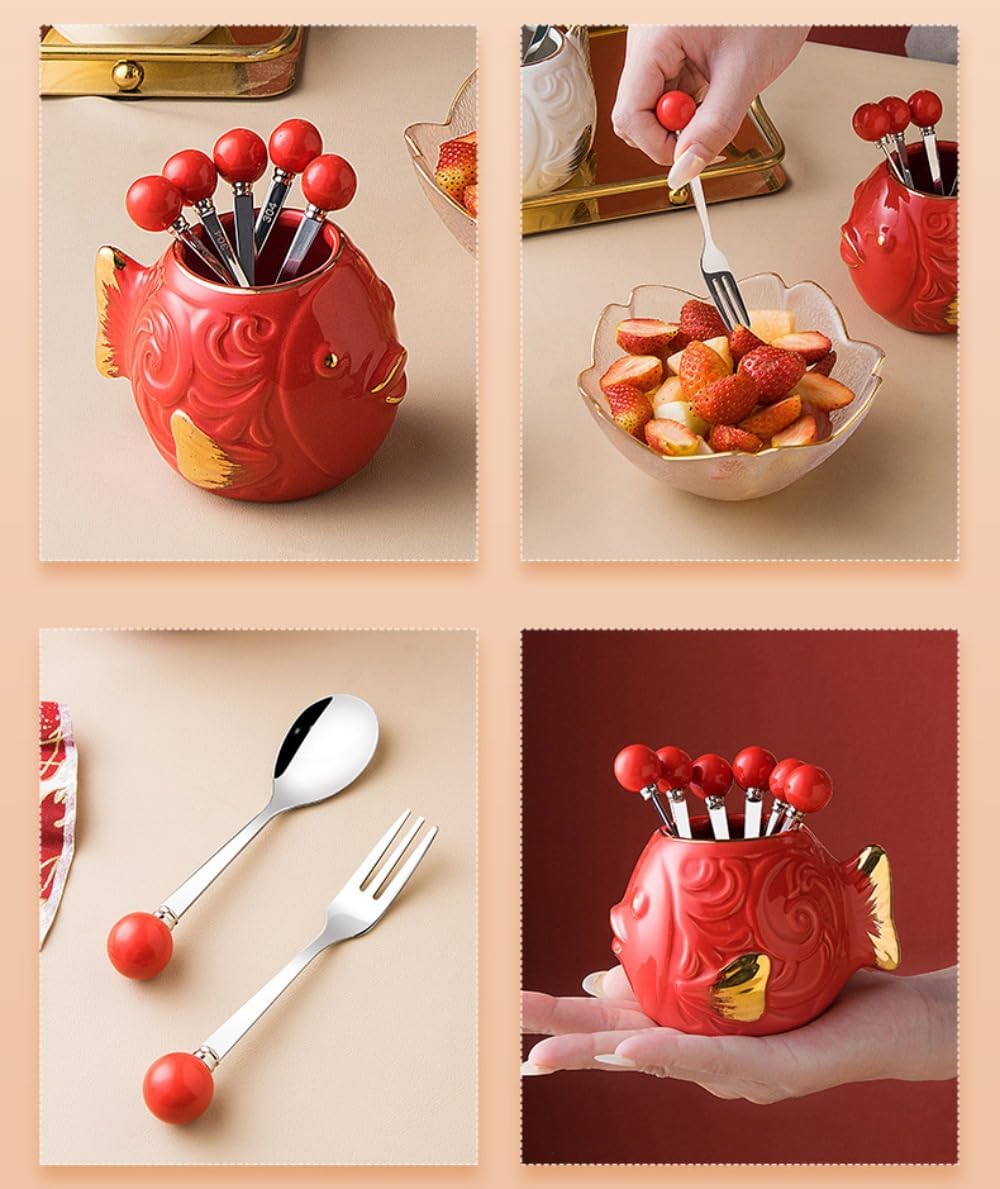 4.3インチの小さな魚のセラミック保存瓶、ステンレススチールのフルーツフォーク、フルーツスティック、ケーキフォークセット、デザート,