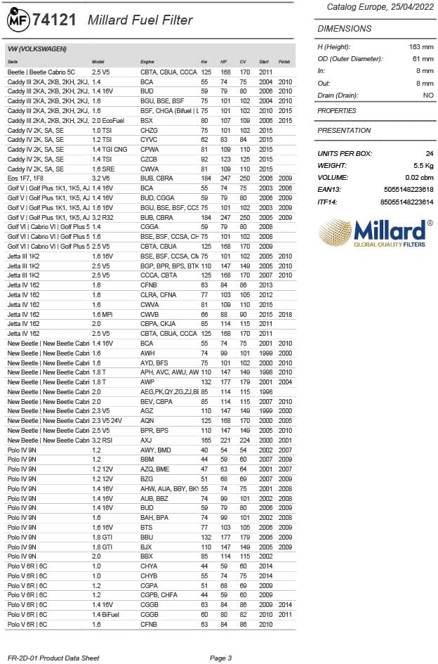 MF-74121 MILLARD Car Fuel Filter