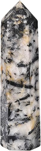 Miniatura 2 de JIC Gem Varita de torre de obelisco de cristal de turmalina en blanco y negro, punto de torre de cristal de cuarzo grande, 6 facetas de cristal