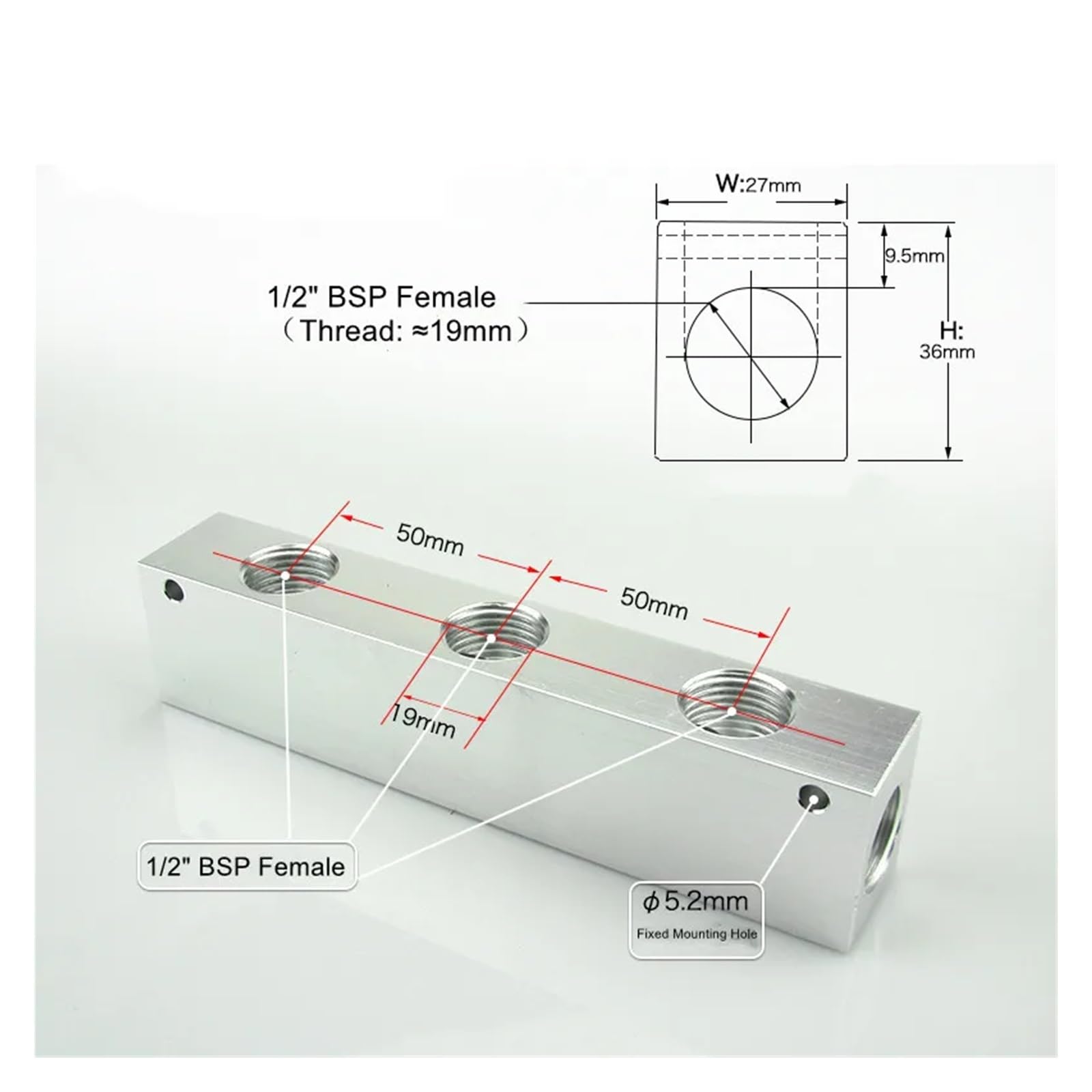 Bloque de distribución de Aire con colector neumático de Aluminio sólido, con Bola de latón de 1/2" Hembra de 27 x 36 mm, 2-10 vías, 4-12 Puertos(1 in 4 out)