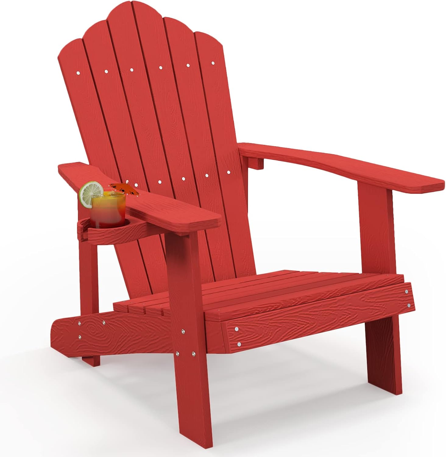 Tangkula Oversized Adirondack Chair, Patio Lounge Chairs w/Adjustable Cup Holder, HIPS Armchairs Slatted Chair, Outdoor Weather Resistant Fire Pit Chair for Deck Backyard Garden Porch (1, Red)