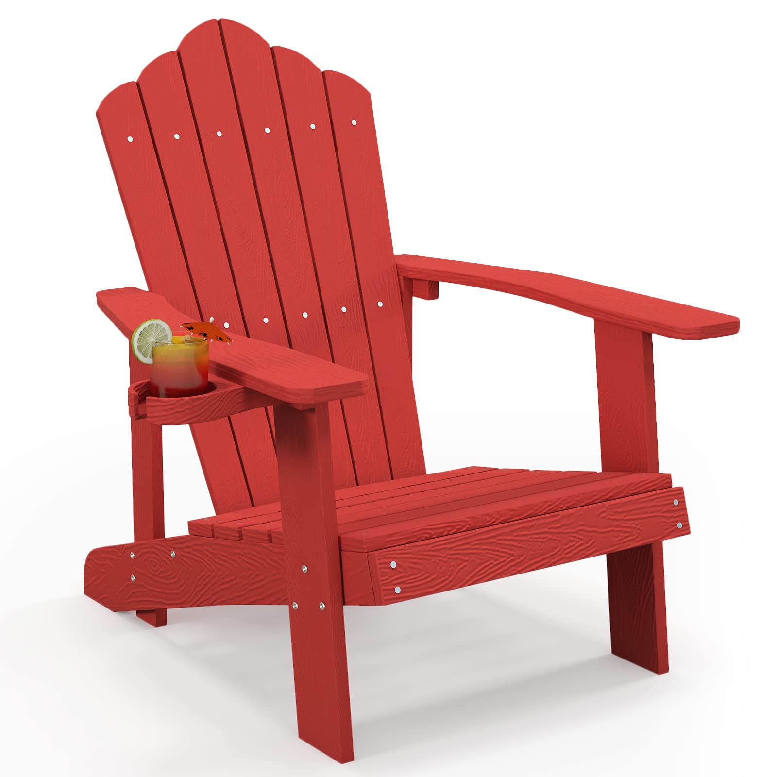 GOPLUS Adirondack Stuhl, Gartenstuhl ergonomisch mit Armlehnen, Hochlehner & Getränkehalter, Outdoor Stuhl wetterfest bis 150kg belastbar für Garten Hof Terrasse Balkon (Rot)