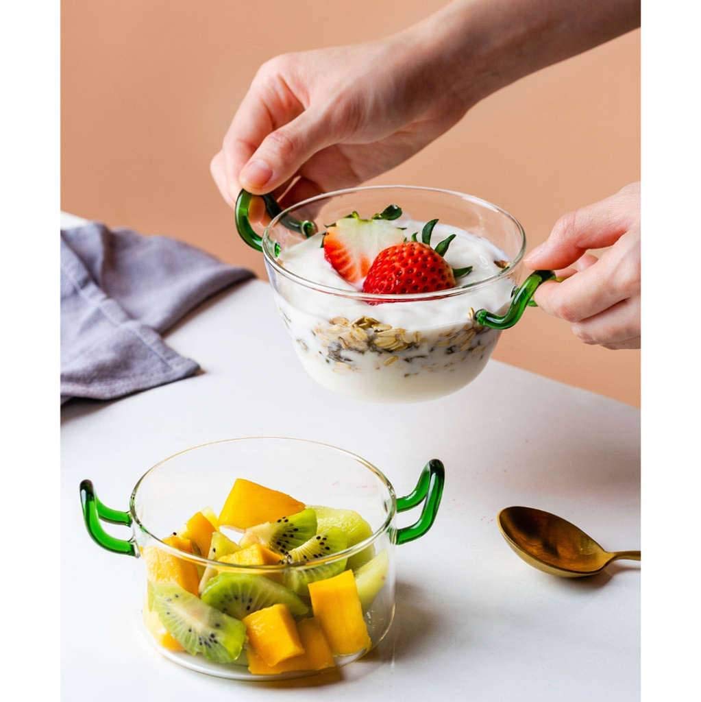 Cuenco de Sopa con 2 Asas 500 ml, Cuencos de Sopa Transparentes con Asas de Cristal, Apto para microondas, Apto para microondas, Cocina Moderna para Ensalada de Frutas, Desayuno, Helado, pos