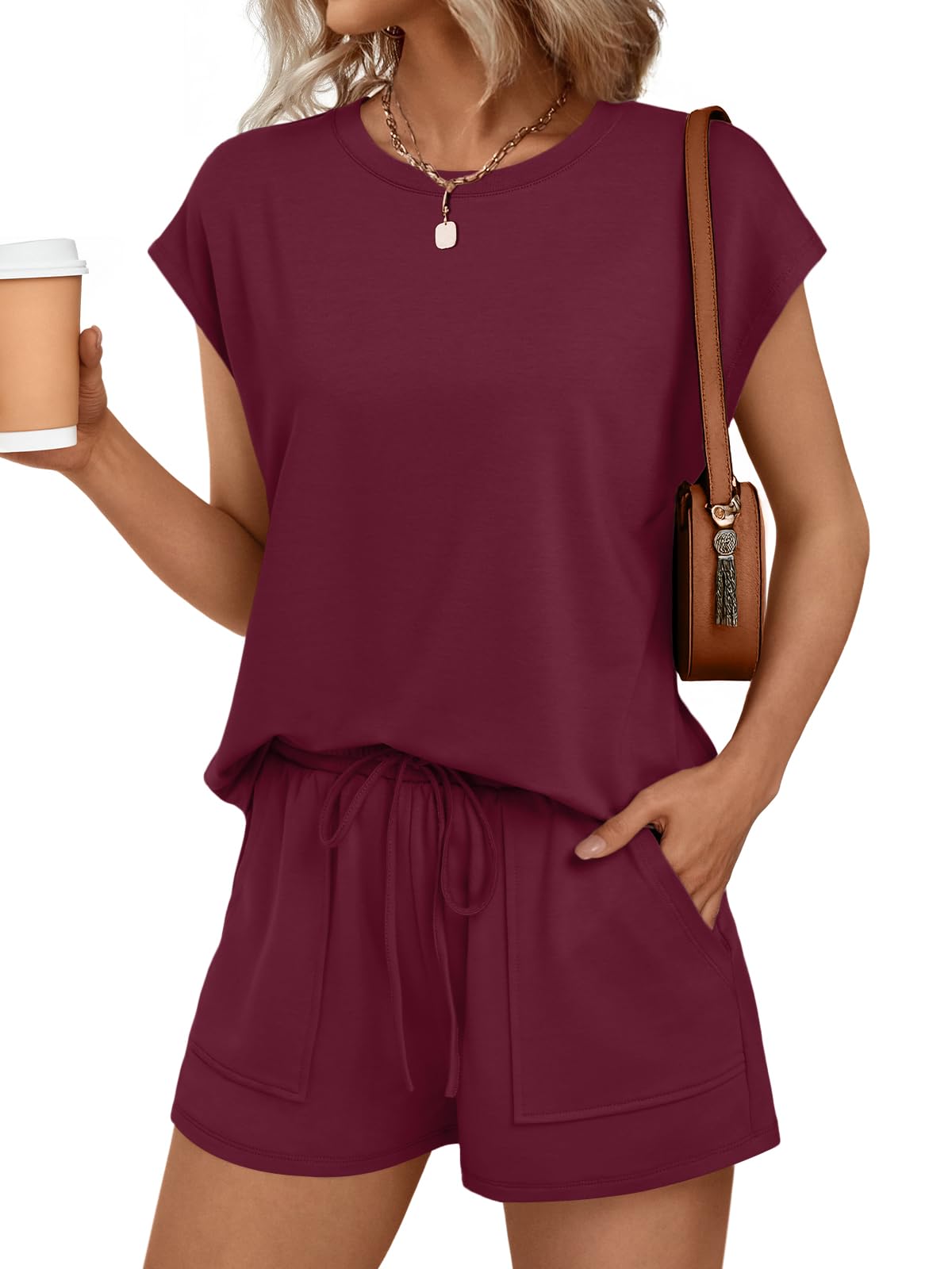 AUTOMET Womens Crew Neck Two Piece Short Sets Cap Sleeve Drawstring Summer Sweatsuit with Pocket Wine Red Medium