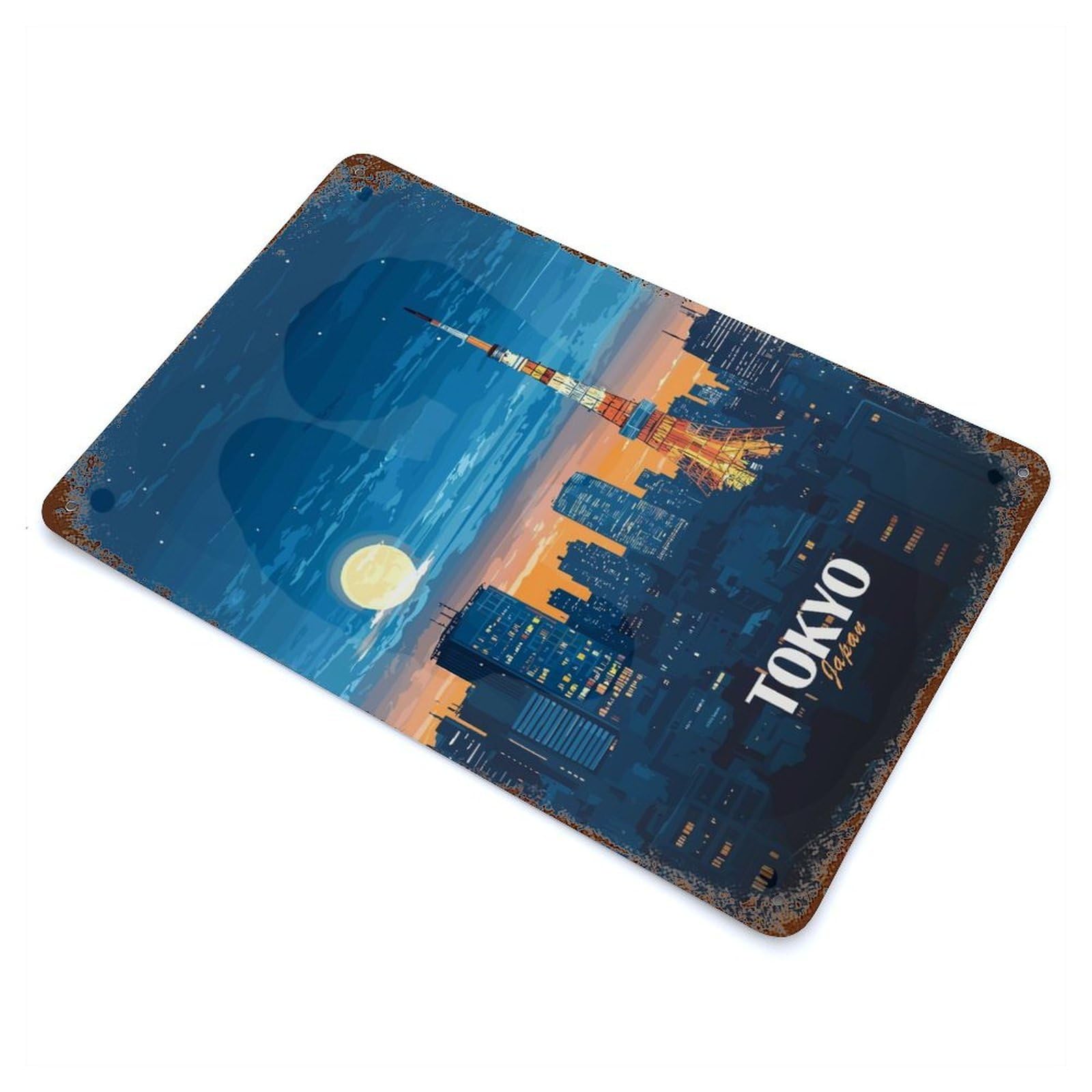 Tokyo Japan Cityscape at Night Rust Effect Tin Sign 11.8"x7.9", Industrial Home Decor for Garage, Bar And Workshop Decor