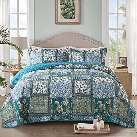 NEWLAKE Cotton Bedspread Quilt Sets-Reversible Patchwork Coverlet Set, Chic Floral Paisley Pattern, King Size Cover