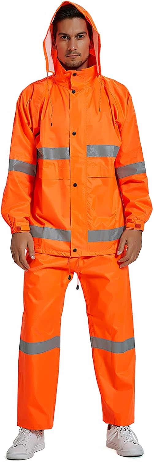 TopTie High Visibility Reflective Suit Waterproof Safety Rain Suit, ANSI Safety Jacket with Pants