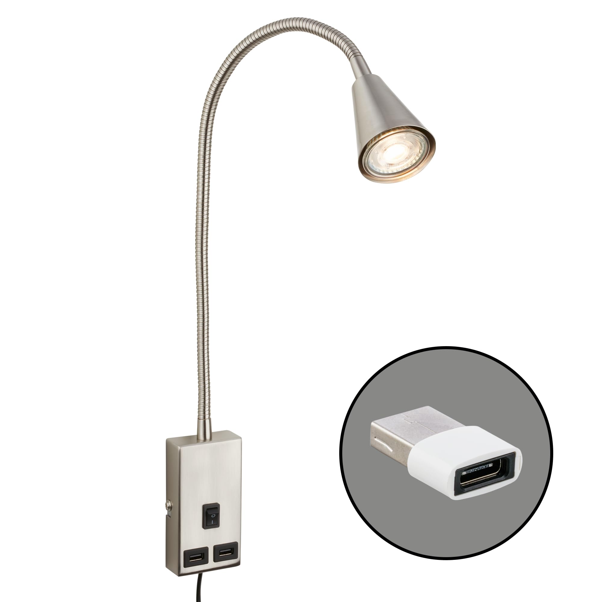 Briloner - Lampada da lettura con porta USB, interruttore on/off, orientabile, applique, lampada da parete, lampada da letto, lampada da comodino, lampada da comodino, altezza 50 cm, nichel opaco