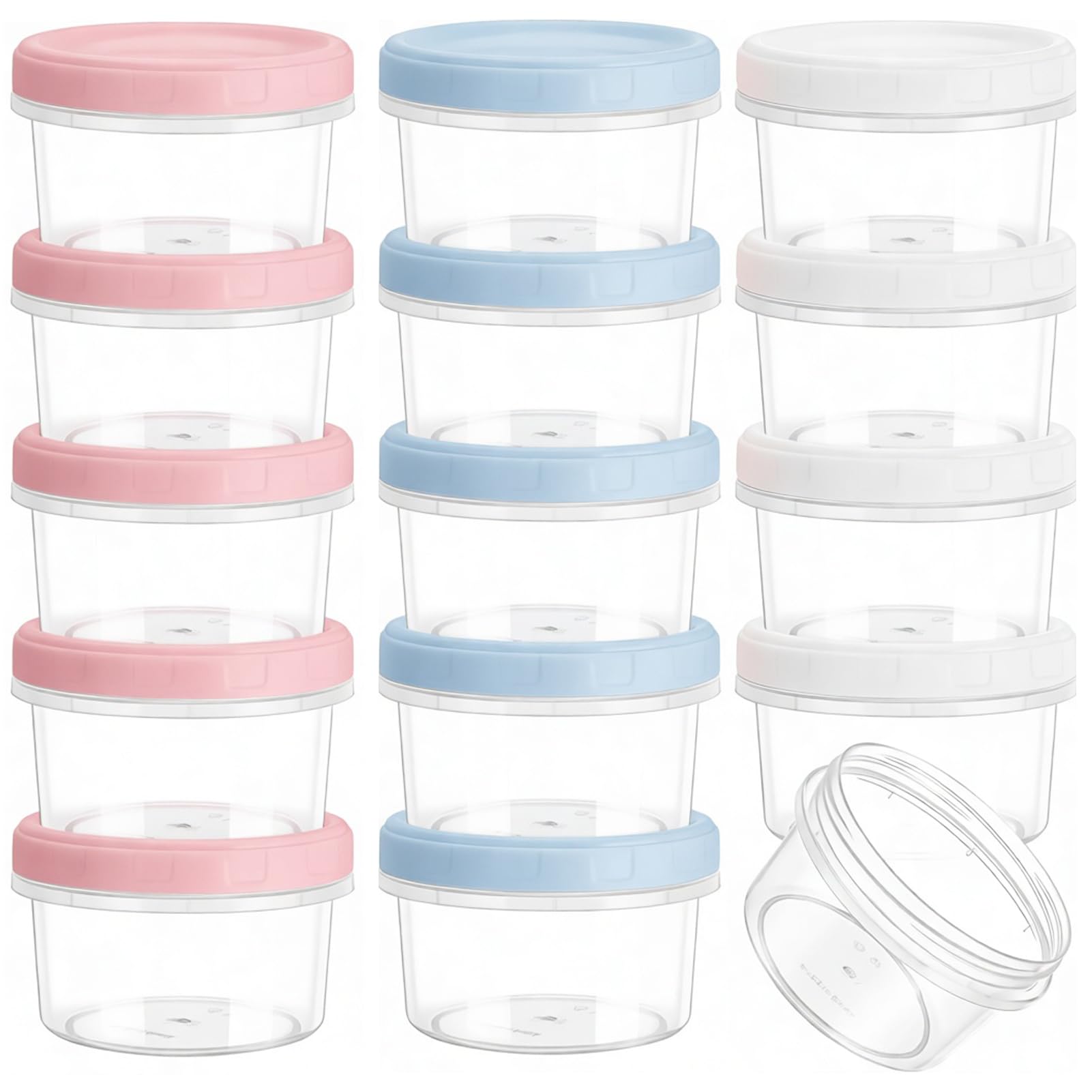 Hikrxya 15 Pack 200ml 7OZ Small Reusable Plastic Food Container with Lids, Deli Containers Stackable Clear Food Storage Jars, Dishwasher & Microwave & Freezer Safe (White/Blue/Pink)