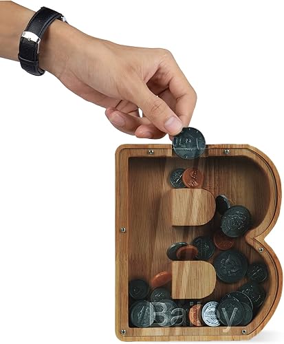 Miniatura 9 de Alcancía con nombre personalizado, 26 letras láser con texto personalizado, banco de monedas de madera, significado educativo, alcancía con nombre