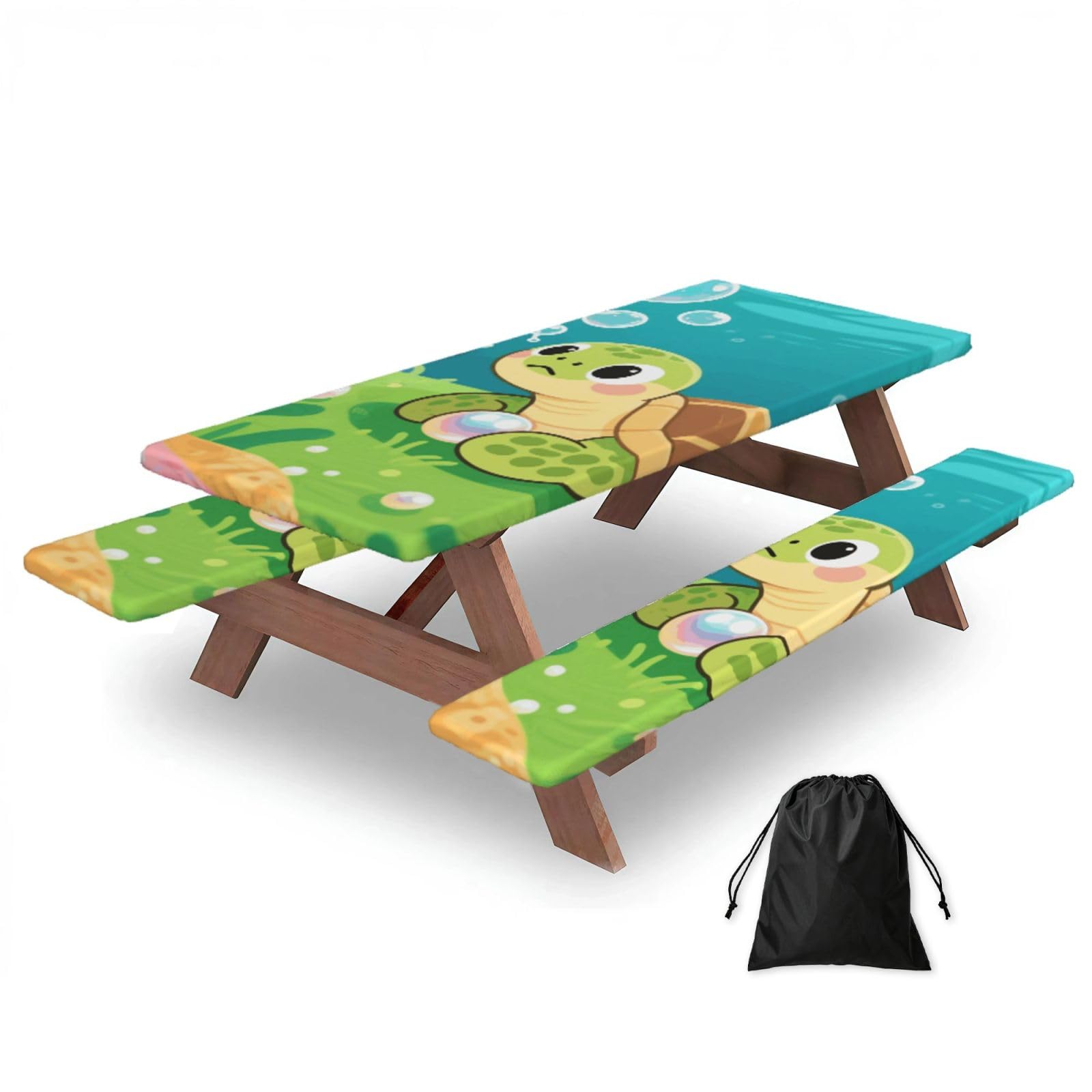 FekiLoot Cute Turtles Picnic Table Cover with Bench Covers and Bag, Windproof Waterproof Rectangle Tablecloth with Elastic Edges Fitted Camping Table Covers Portable Camping Accessories