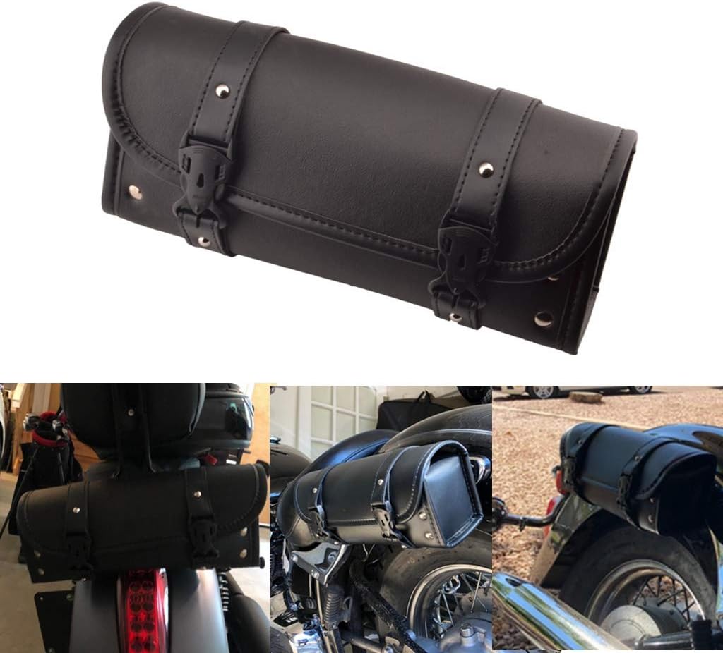 Goldfire Waterproof Motorbike Handlebar Bag PU Leather Saddlebag Front Rear Storage Tool Pouch with 2 Straps for Honda Yamaha Kawasaki Suzuki Ducati Harley Sportster (V2 Updated) (Black)