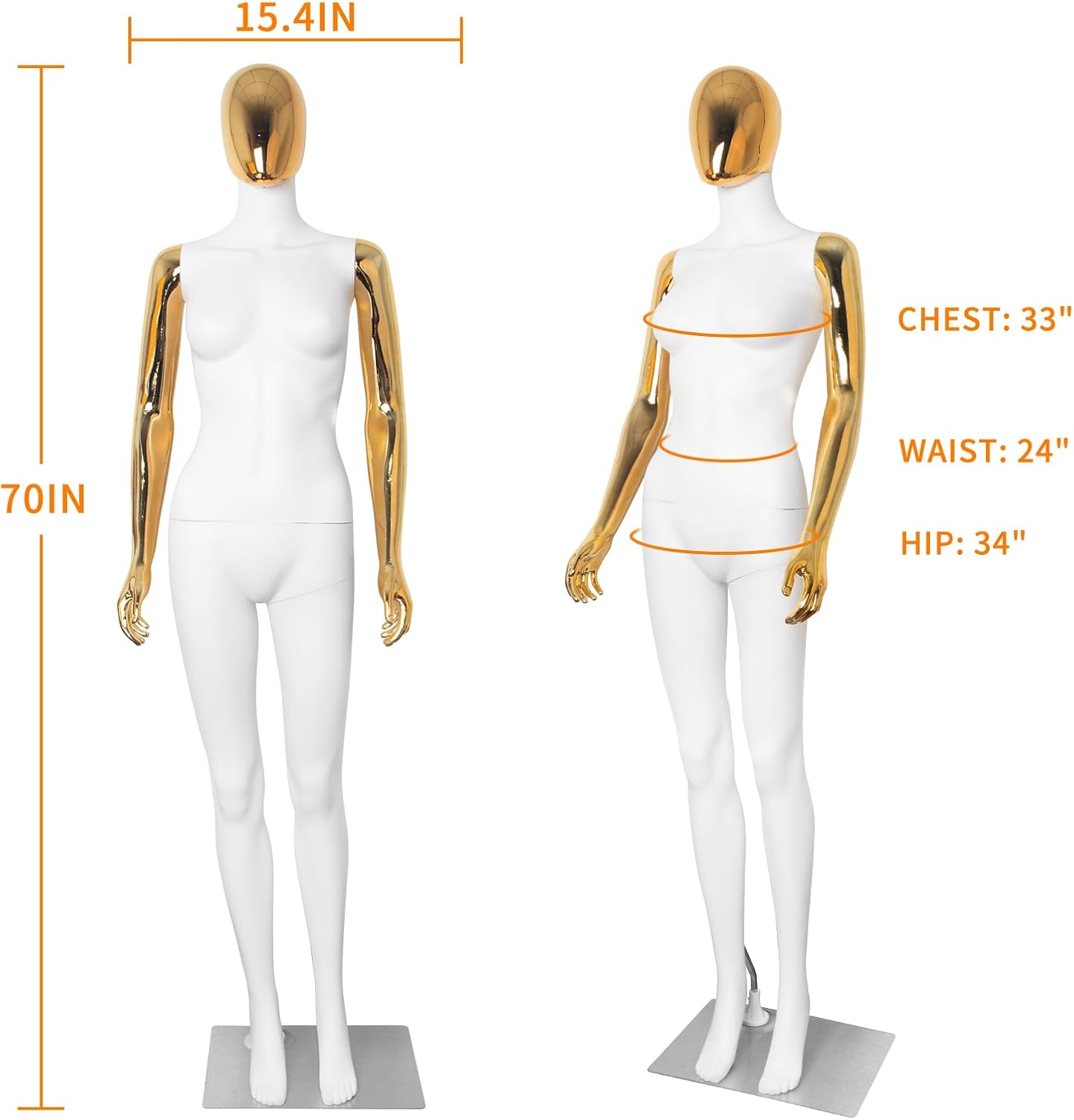 Female Full Body Mannequin Dress Form Manikin 70 Inches Adjustable Maniquins Dress Model Plastic Detachable Manequins Stand Metal Base Metal Connector, White Body Gold Head Gold Hands