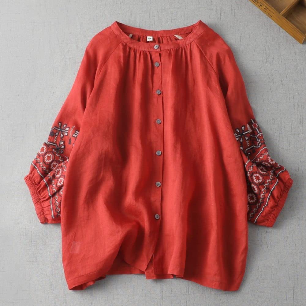 MIDJ Oberteile Damen Sommer,Damen Leinenbluse Boho Stickerei Sommer Kurzarm Hemden Rot Rundhals Basic Oberteile Lässige Elegante Bluse T-Shirt Lockere Bluse Tunika Sweatshirt Oberteile Für Frauen